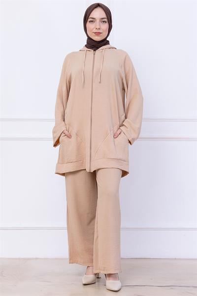 Kapüşonlu Kanguru Cepli Fermuarlı Ayrobin Takım Bej HM2731