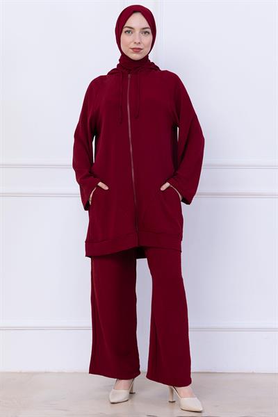 Kapüşonlu Kanguru Cepli Fermuarlı Ayrobin Takım Bordo HM2731