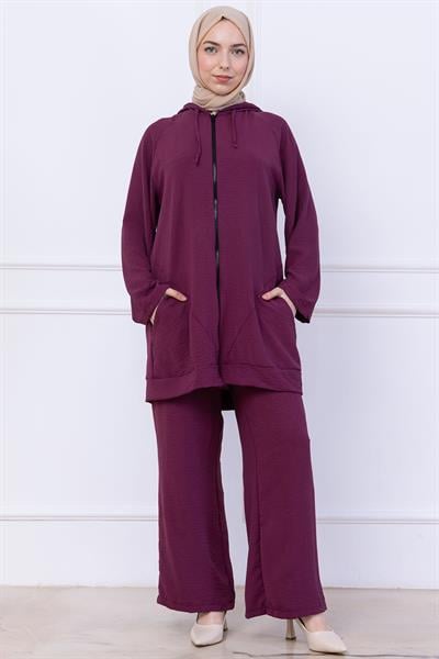 Kapüşonlu Kanguru Cepli Fermuarlı Ayrobin Takım Mürdüm HM2731