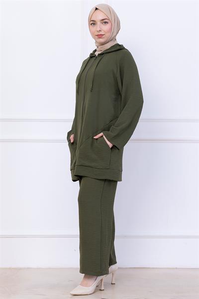 Kapüşonlu Kanguru Cepli Fermuarlı Ayrobin Takım Haki HM2731