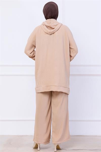 Kapüşonlu Kanguru Cepli Fermuarlı Ayrobin Takım Bej HM2731