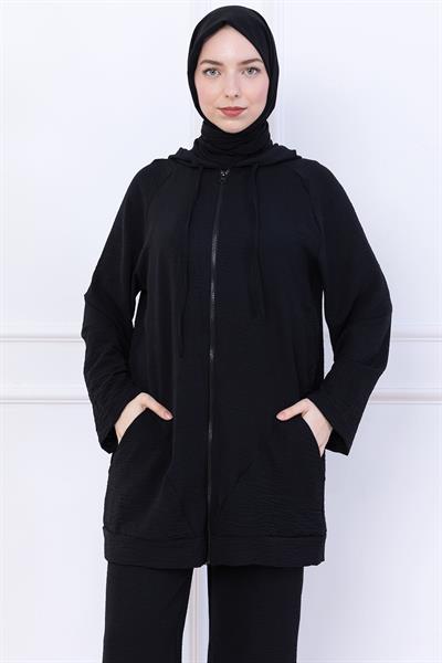 Kapüşonlu Kanguru Cepli Fermuarlı Ayrobin Takım Siyah HM2731