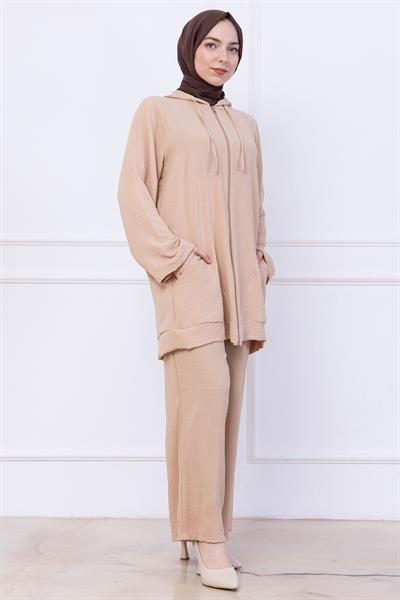 Kapüşonlu Kanguru Cepli Fermuarlı Ayrobin Takım Bej HM2731