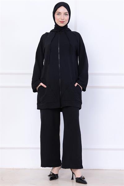 Kapüşonlu Kanguru Cepli Fermuarlı Ayrobin Takım Siyah HM2731