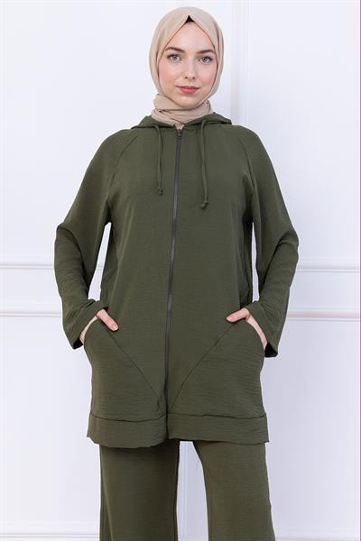 Kapüşonlu Kanguru Cepli Fermuarlı Ayrobin Takım Haki HM2731