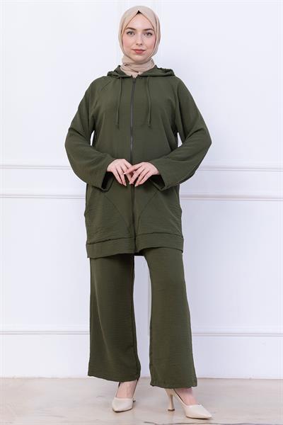 Kapüşonlu Kanguru Cepli Fermuarlı Ayrobin Takım Haki HM2731