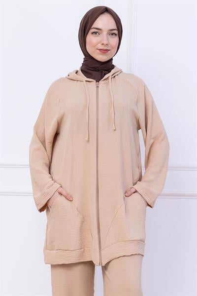 Kapüşonlu Kanguru Cepli Fermuarlı Ayrobin Takım Bej HM2731