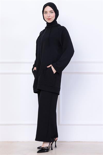 Kapüşonlu Kanguru Cepli Fermuarlı Ayrobin Takım Siyah HM2731