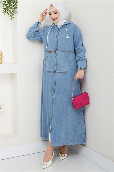 Kapüşonlu Kanguru Cepli Fermuarlı Kot Kap Mavi HM2674