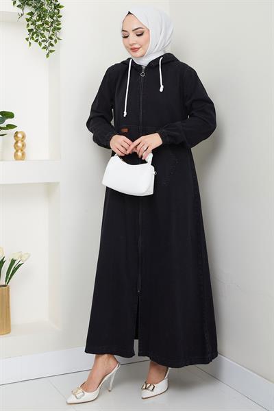 Kapüşonlu Kanguru Cepli Fermuarlı Kot Kap Siyah HM2674