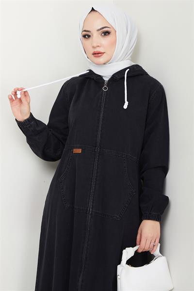 Kapüşonlu Kanguru Cepli Fermuarlı Kot Kap Siyah HM2674