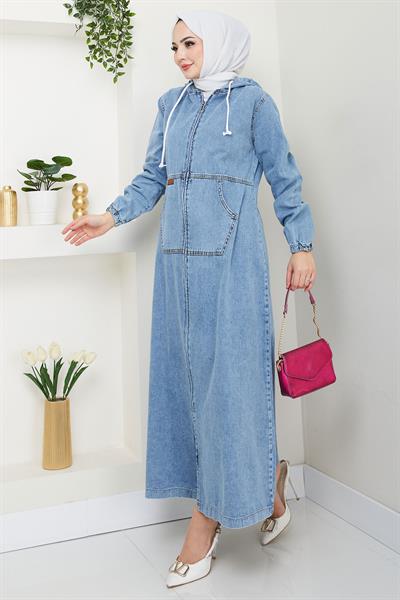 Kapüşonlu Kanguru Cepli Fermuarlı Kot Kap Mavi HM2674