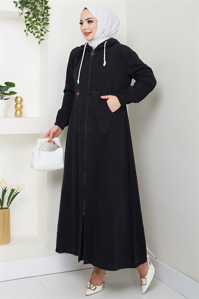 Kapüşonlu Kanguru Cepli Fermuarlı Kot Kap Siyah HM2674