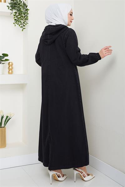 Kapüşonlu Kanguru Cepli Fermuarlı Kot Kap Siyah HM2674