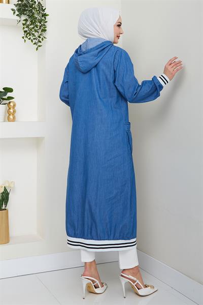 Kapüşonlu Ribanalı Kot Kap Açık Mavi HM2691