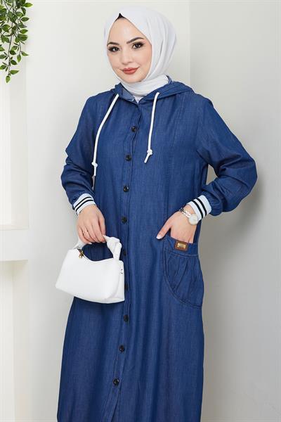 Kapüşonlu Ribanalı Kot Kap Koyu Mavi HM2691