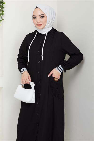 Kapüşonlu Ribanalı Kot Kap Siyah HM2691
