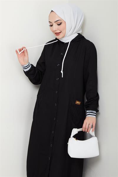 Kapüşonlu Ribanalı Kot Kap Siyah HM2691