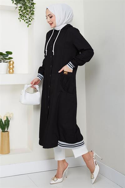 Kapüşonlu Ribanalı Kot Kap Siyah HM2691