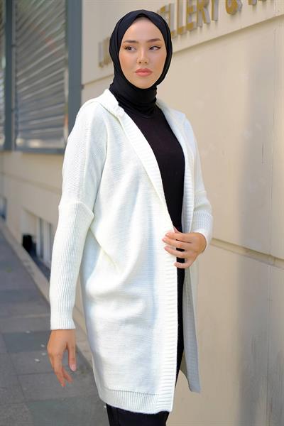 Kapüşonlu Triko Hırka Krem HM2245