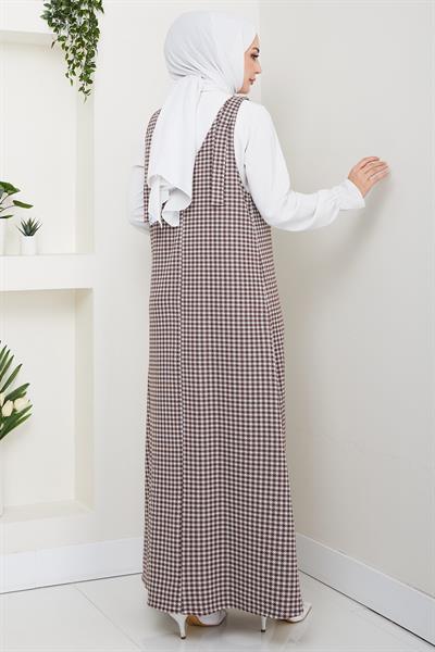 Kaz Ayağı Desen Jile Elbise Kahverengi HM2865