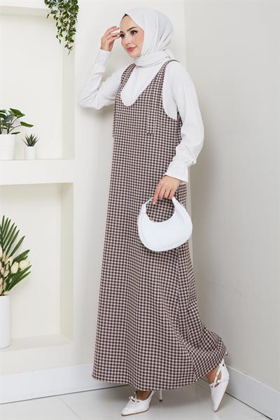 Kaz Ayağı Desen Jile Elbise Kahverengi HM2865