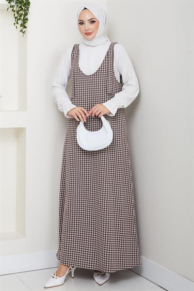 Kaz Ayağı Desen Jile Elbise Kahverengi HM2865