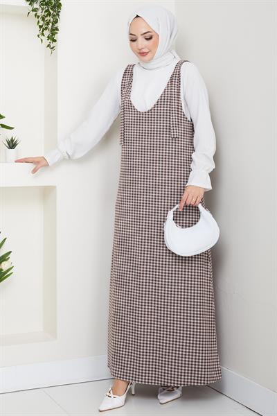 Kaz Ayağı Desen Jile Elbise Kahverengi HM2865