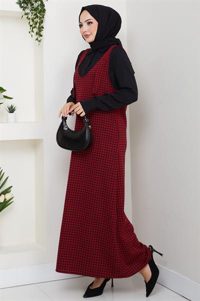 Kaz Ayağı Desen Jile Elbise Kırmızı HM2865