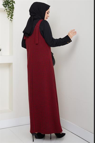 Kaz Ayağı Desen Jile Elbise Kırmızı HM2865