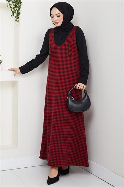 Kaz Ayağı Desen Jile Elbise Kırmızı HM2865