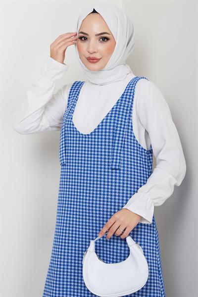 Kaz Ayağı Desen Jile Elbise Mavi HM2865