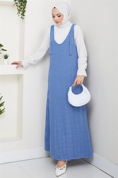 Kaz Ayağı Desen Jile Elbise Mavi HM2865