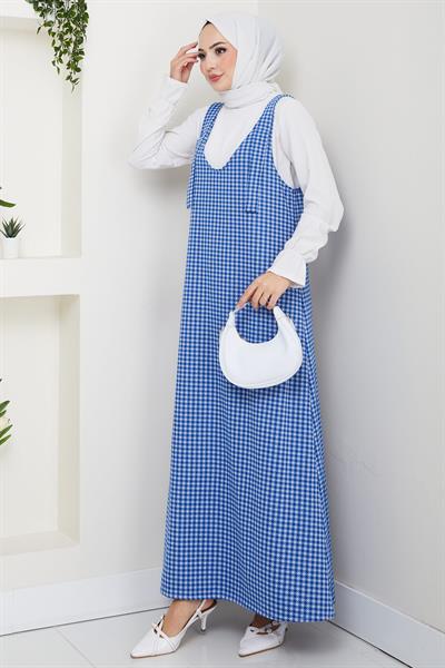 Kaz Ayağı Desen Jile Elbise Mavi HM2865