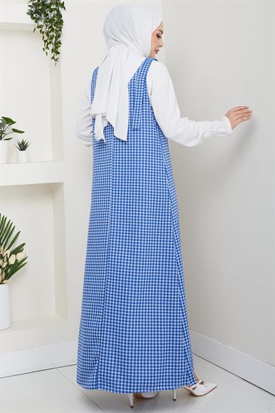 Kaz Ayağı Desen Jile Elbise Mavi HM2865