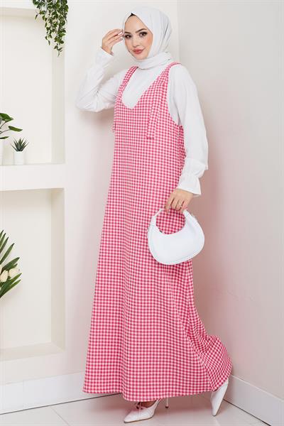 Kaz Ayağı Desen Jile Elbise Pembe HM2865