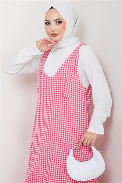 Kaz Ayağı Desen Jile Elbise Pembe HM2865