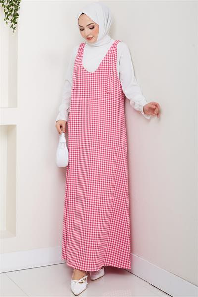 Kaz Ayağı Desen Jile Elbise Pembe HM2865