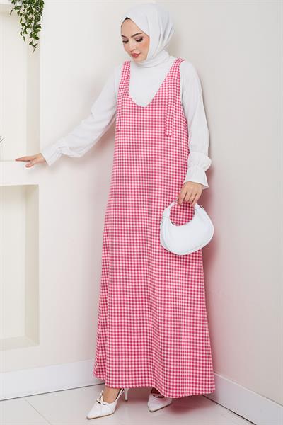 Kaz Ayağı Desen Jile Elbise Pembe HM2865