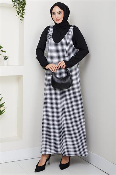 Kaz Ayağı Desen Jile Elbise Siyah HM2865