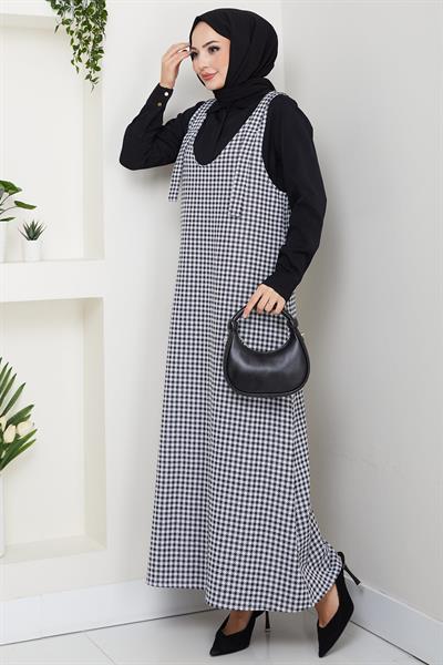 Kaz Ayağı Desen Jile Elbise Siyah HM2865