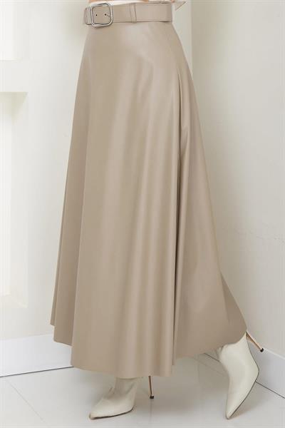 Kemerli Deri Etek Krem HM2641