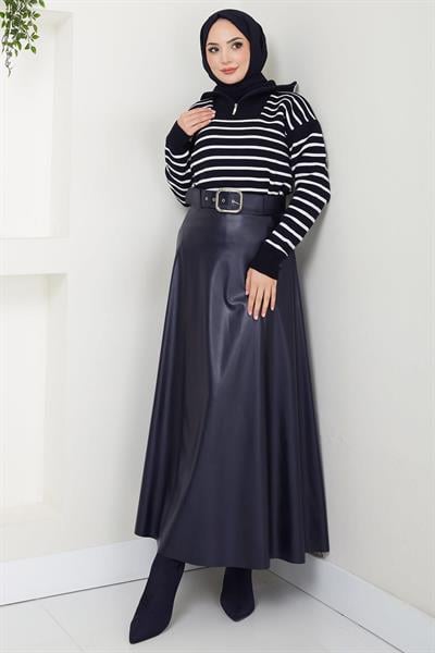 Kemerli Deri Etek Lacivert HM2641