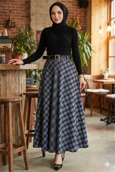Kemerli Mevlana Model Ekose Etek Beyaz HM2874