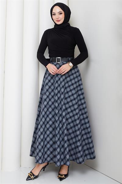 Kemerli Mevlana Model Ekose Etek Beyaz HM2874