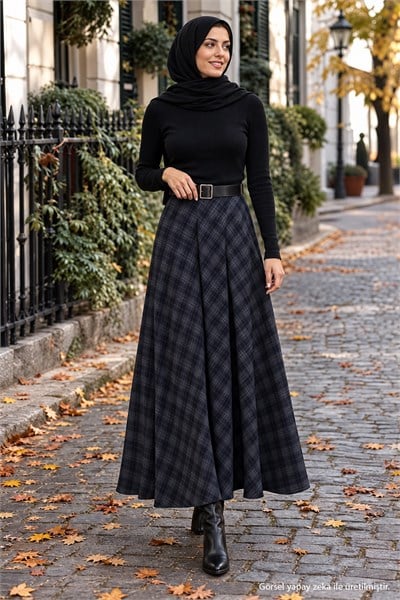Kemerli Mevlana Model Ekose Etek Füme HM2874