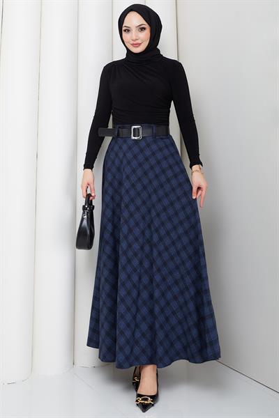Kemerli Mevlana Model Ekose Etek Lacivert HM2874