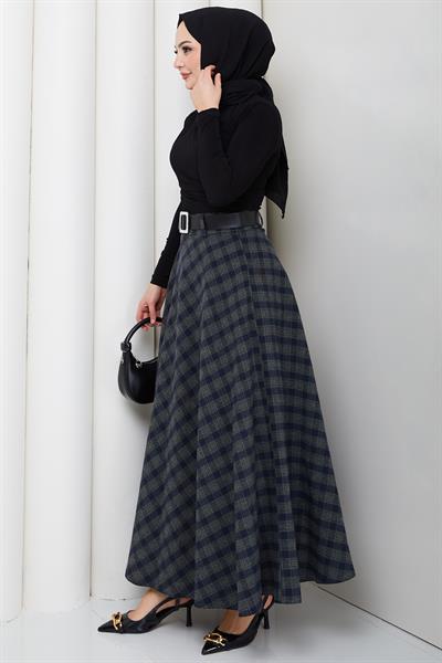 Kemerli Mevlana Model Ekose Etek Yeşil HM2874