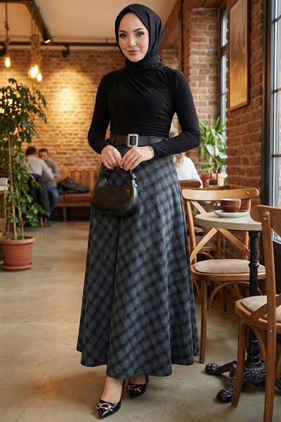 Kemerli Mevlana Model Ekose Etek Yeşil HM2874