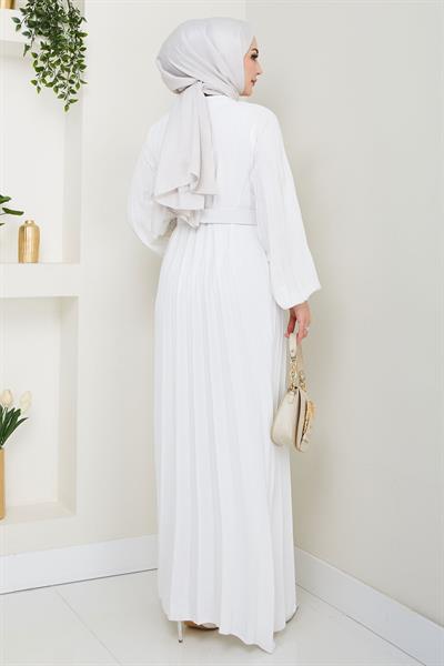 Kemerli Piliseli Aerobin Elbise Beyaz HM2339